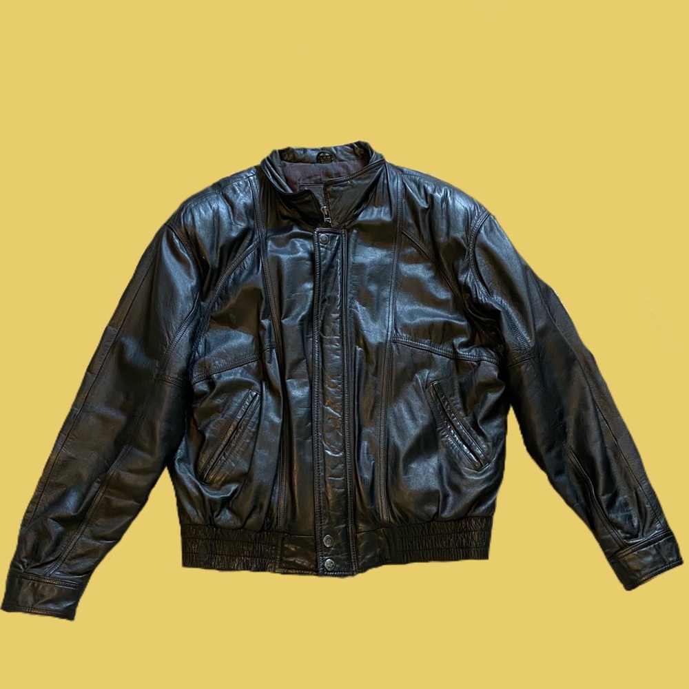Oversized black leather jacket